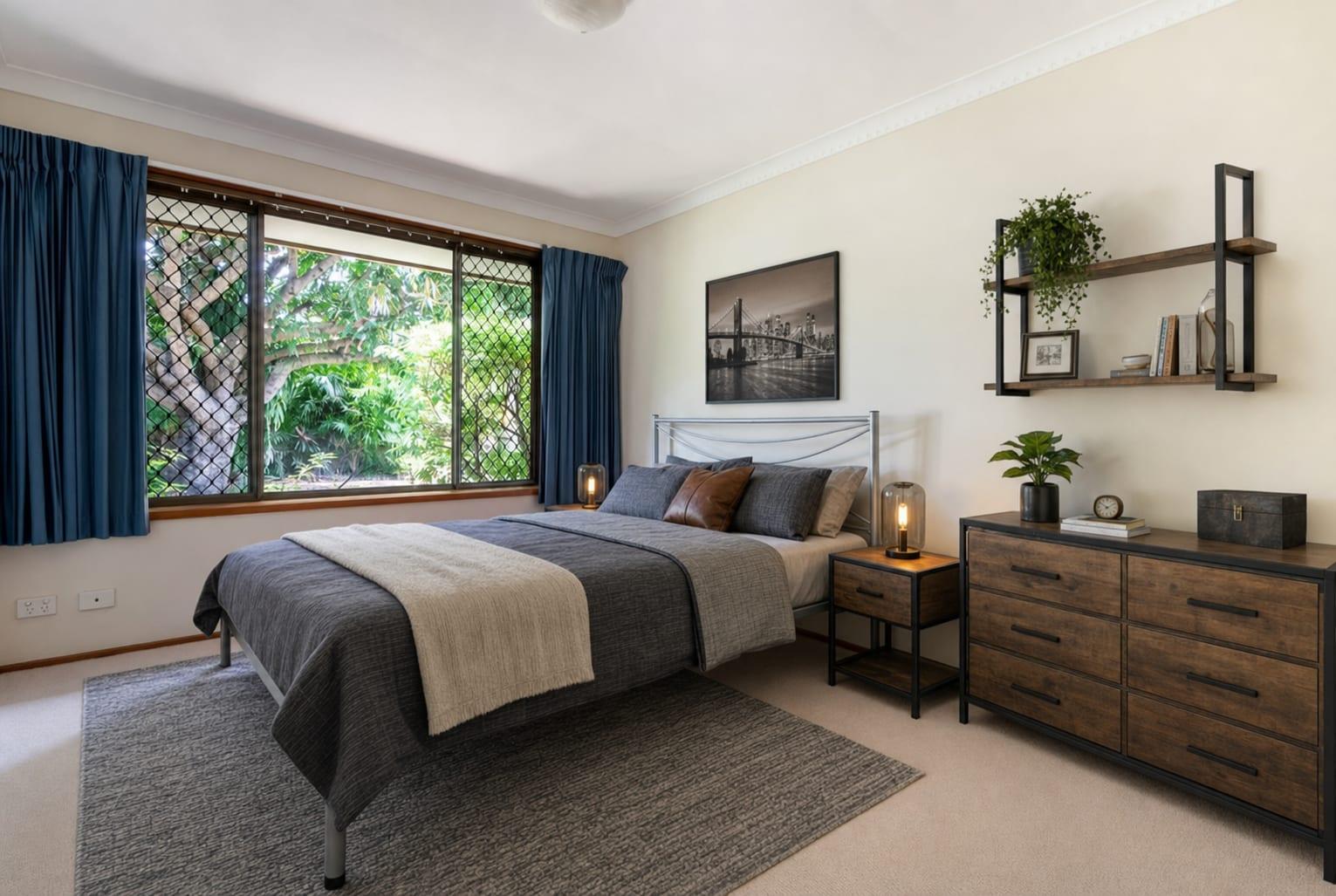 Industrial-styled bedroom staged by StageRight, with the virtual-staging label burned into the file